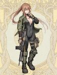  1girl ar-15 assault_rifle black_bodysuit blue_eyes bodysuit boots breasts brown_background brown_gloves brown_hair cigarette cleavage dairoku_ryouhei fingerless_gloves full_body gloves green_jacket grey_footwear grin gun hetza_(hellshock) holding holding_cigarette holding_weapon jacket knee_pads large_breasts long_hair looking_at_viewer magazine_(weapon) open_clothes open_jacket ponytail rifle scar scar_on_chest smile smoking solo standing thigh_strap very_long_hair weapon zipper 