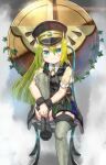  1girl alina_gray alknasn bangs black_footwear boots chair dress green_eyes green_hair hair_between_eyes hat highres knee_boots knee_up leg_up long_hair looking_at_viewer magia_record:_mahou_shoujo_madoka_magica_gaiden magical_girl mahou_shoujo_madoka_magica plant puffy_short_sleeves puffy_sleeves ribbon see-through_sleeves short_sleeves sitting smile solo soul_gem thighhighs vines 