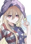  1girl american_flag_dress bangs blonde_hair blush breasts clownpiece cropped_torso diamond-shaped_pupils diamond_(shape) eyebrows_visible_through_hair fairy_wings hair_between_eyes hat hegata_(hegatia_lapis) highres jester_cap long_hair looking_at_viewer medium_breasts polka_dot purple_headwear red_eyes simple_background smile solo symbol-shaped_pupils touhou upper_body v white_background wings 
