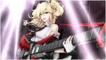  1girl admiral_hipper_(azur_lane) admiral_hipper_(muse)_(azur_lane) azur_lane black_jacket black_necktie blonde_hair blouse breasts electric_guitar fingerless_gloves gloves guitar highres holding holding_instrument instrument jacket long_hair looking_at_viewer medium_breasts necktie open_clothes open_jacket sideboob single_glove sleeveless_blouse solo victear white_blouse white_gloves 