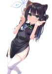  1girl :p animal_ear_fluff animal_ears arms_up bangs black_dress black_hair blue_archive blunt_bangs china_dress chinese_clothes double_v dress furannsupaku green_eyes highres leg_lift long_hair md5_mismatch resolution_mismatch short_sleeves shun_(blue_archive) simple_background smile solo source_larger standing standing_on_one_leg thighhighs thighs tiger_ears tiger_girl tongue tongue_out twintails v white_background white_legwear 