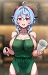  1girl :d ahoge apron bangs barista blurry blurry_background breasts collarbone commentary cowboy_shot cup dirty dirty_clothes disposable_cup dot_nose eyebrows_visible_through_hair flying_sweatdrops foreshortening foxyreine ganyu_(genshin_impact) genshin_impact goat_horns green_apron hair_between_eyes hair_intakes highres holding holding_cup holding_pen horns iced_latte_with_breast_milk_(meme) indoors large_breasts looking_at_viewer meme multicolored_eyes naked_apron open_mouth patreon_logo pen round_teeth shiny shiny_hair signature skindentation smile solo starbucks teeth tongue upper_teeth watermark web_address 