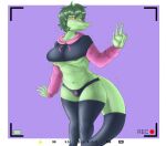 2024 5_fingers anthro areola badfidhell baryonyx biped black_clothing black_legwear black_panties black_stockings black_underwear blush bone breasts camera_hud cavemanon_studios claws clothing colored digital_media_(artwork) dinosaur embarrassed eyebrows female fingers freckled_breasts freckled_face freckled_legs freckled_thighs freckles frown furgonomics gesture green_areola green_body green_hair green_scales grey_eyes hair hand_gesture hi_res hoodie humanoid_hands i_wani_hug_that_gator legwear long_tail medium_hair meme meme_clothing motion_lines navel nipple_slip olivia_halford paggi_outfit panties prehistoric_species purple_background raised_inner_eyebrows reptile scales scalie shaded shaking simple_background skull solo spinosaurid standing stockings tail tail_clothing tail_stocking theropod topwear underwear v_sign wide_hips yellow_sclera