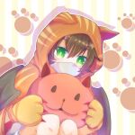  animal_ears animal_hood brown_hair cat_ears cat_hood claws gloves green_eyes highres holding hood ibushi_gin kimi_ga_shine looking_at_viewer mask mew-chan mikotocchi_774 paw_print short_hair solo striped stuffed_toy whiskers wings 