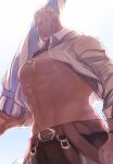  1boy abs bara bare_pectorals beach_umbrella belt benny_(fire_emblem) blonde_hair cheekbones clenched_hand closed_umbrella day facial_hair fire_emblem fire_emblem_fates frown goatee grey_eyes holding lens_flare magatama magatama_necklace male_focus muscular muscular_male nonbiri_monban open_clothes open_shirt outdoors pectorals scar scar_on_face scar_on_forehead short_hair solo standing sunlight umbrella 