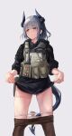  1girl arknights bangs black_legwear black_skirt blush bulletproof_vest clothes_lift clothes_pull commentary dragon_girl dragon_horns dragon_tail eyebrows_visible_through_hair grey_background highres horns lifted_by_self liskarm_(arknights) liskarm_(overload)_(arknights) long_hair looking_away looking_to_the_side miniskirt official_alternate_costume orange_eyes panties panty_pull pantyhose pantyhose_pull pee peeing sawkm silver_hair simple_background skirt skirt_lift solo stained_panties standing tactical_clothes tail underwear white_panties 