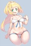  1girl blonde_hair green_eyes lillie_(pokemon) long_hair navel poke_ball pokemon pokemon_(game) pokemon_sm ponytail sachito simple_background solo swimsuit wide_hips 