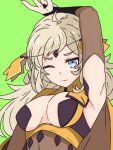  1girl ahoge armpits bangs bare_shoulders blonde_hair blue_eyes bodystocking breasts circlet fire_emblem fire_emblem_fates highres long_hair looking_at_viewer medium_breasts one_eye_closed ophelia_(fire_emblem) solo thigh_high_tavi upper_body 