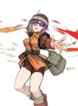  1girl bag belt bike_shorts blue_eyes chrono_trigger glasses helmet looking_at_viewer lucca_ashtear magic open_mouth purple_hair scarf short_hair shoulder_bag simple_background smile solo soxkyo white_background 