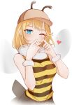  1girl bee_costume blonde_hair blue_eyes blush breasts cowboy_shot fur-trimmed_collar heart heart_hands highres hololive hololive_english medium_breasts medium_hair nail_polish one_eye_closed shirt solo striped striped_shirt tfqr virtual_youtuber watson_amelia white_background wristband yellow_nails 