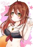  1girl ahoge bikini black_bikini breasts brown_eyes brown_hair cleavage closed_mouth dated eiji_(monochromexd) hair_flaps hairband highres index_finger_raised kantai_collection large_breasts looking_at_viewer red_hairband remodel_(kantai_collection) shiratsuyu_(kancolle) short_hair solo swimsuit upper_body whistle whistle_around_neck 
