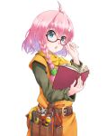  1girl adjusting_eyewear ahoge amahane_yotsuha bangs belt blue_eyes book braid chrono_trigger cosplay eyebrows_visible_through_hair glasses hair_ornament hairclip hand_up holding holding_book kanimusiv_v looking_at_viewer lucca_ashtear lucca_ashtear_(cosplay) open_book open_mouth pink_hair scarf short_hair simple_background single_braid solo vgaming virtual_youtuber white_background wrench 