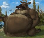 2024 abdominal_bulge ambiguous_gender ambiguous_prey anthro belly big_belly breasts clothed clothing cloud deer duo feet forest hairy hairy_belly hand_on_breast hi_res kent_(pacific_coyote) lake male male_pred mammal muffled_speech musclegut muscular navel nipples nude overweight pacific_coyote painting_(artwork) plant signature sky squirming tree vore wide_hips