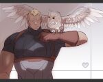  1boy animal_on_arm bara benny_(fire_emblem) bird bird_on_arm blonde_hair brown_gloves cheekbones chest_harness facial_hair fire_emblem fire_emblem_fates gloves goatee grey_eyes hand_up harness heart large_pectorals looking_at_animal male_focus muscular muscular_male nonbiri_monban owl pectorals scar scar_on_face scar_on_forehead short_hair solo 