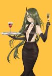  1girl absurdres alcohol alternate_costume arknights bangs bare_shoulders black_dress black_gloves breasts choker collarbone commentary_request cup dress drinking_glass elbow_gloves gloves green_hair grin hair_between_eyes hand_up highres holding holding_cup holding_tray horns hoshiguma_(arknights) kokushi_kanta long_hair looking_at_viewer medium_breasts parted_lips simple_background single_horn smile solo standing tray very_long_hair white_choker wine wine_glass yellow_background yellow_eyes 