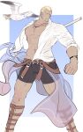  1boy abs bara bare_pectorals belt benny_(fire_emblem) bird black_shorts blonde_hair blue_background cheekbones clenched_hand dark-skinned_male dark_skin facial_hair fire_emblem fire_emblem_fates goatee jewelry male_focus muscular muscular_male necklace nonbiri_monban open_clothes open_shirt pectorals seagull shirt short_hair shorts solo standing thick_thighs thighs white_shirt 