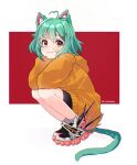  1girl :3 animal_ear_fluff animal_ears anthony_wang_(brand) blush cat_ears cat_girl cat_tail english_commentary eyebrows_visible_through_hair from_side girl_dm green_hair gremlinbon hair_ornament hairclip heart_hair highres hood hoodie indie_virtual_youtuber looking_at_viewer orange_hoodie shoes sleeves_past_fingers sleeves_past_wrists sneakers solo squatting tail virtual_youtuber 