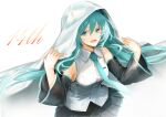  1girl :d bangs black_skirt black_sleeves blue_eyes blue_hair blue_necktie breasts collared_shirt commentary detached_sleeves dress_shirt eyebrows_visible_through_hair floating_hair hair_between_eyes hatsune_miku hood hood_up long_hair long_sleeves medium_breasts miniskirt necktie open_mouth pleated_skirt rusi shirt skirt sleeveless sleeveless_shirt smile solo standing twintails very_long_hair vocaloid white_background white_shirt wing_collar 