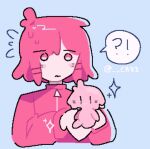 ! !? 2girls ? artist_name blue_background chiccha_na_watashi_(synthesizer_v) closed_mouth cr33 flying_sweatdrops hashtag-only_commentary holding_miniperson jacket jaggy_lines long_sleeves mini_person minigirl multiple_girls pink_eyes pink_hair pink_jacket short_hair simple_background sparkle spoken_exclamation_mark spoken_question_mark twitter_username upper_body wavy_mouth zipper_pull_tab |_| 