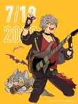  1boy 2020 :d artist_name belt black_gloves black_nails black_pants bracelet character_doll copyright_name cropped_legs electric_guitar ensemble_stars! fingerless_gloves gloves guitar hair_between_eyes highres instrument jewelry legs_apart male_focus music nail_polish ogami_koga pants playing_instrument pppp49 red_shirt shirt sideways_glance simple_background simple_bat smile solo spiked_bracelet spikes standing yellow_background 