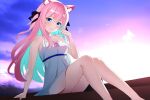  1girl alternate_costume animal_ear_fluff animal_ears aqua_hair arm_support backlighting bare_arms bare_shoulders black_bow black_ribbon blue_eyes blue_sky blush bow braid cat_ears cat_girl closed_mouth colored_inner_hair commentary dress dress_bow feet_out_of_frame fraise_(nekopara) hair_between_eyes hair_bow hair_ribbon halterneck hand_up highres knees_together_feet_apart knees_up legs long_hair looking_at_viewer multicolored_hair nekopara no_tail outdoors pink_bow pink_hair pink_sky rebecca59118221 ribbon short_dress side_braid sidelocks simple_background sitting sky sleeveless sleeveless_dress smile solo spaghetti_strap sundress tsurime two_side_up very_long_hair white_dress 