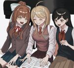  3girls :d ahoge akamatsu_kaede alternate_color bangs black_skirt blonde_hair blush book bow brown_jacket brown_neckerchief brown_necktie brown_skirt brown_vest collared_shirt commentary crossover danganronpa_(series) danganronpa_v3:_killing_harmony doki_doki_literature_club grey_bow grey_shirt grin hair_bow hair_ornament highres instrument jacket long_hair long_sleeves mari_(omori) monika_(doki_doki_literature_club) multiple_girls musical_note musical_note_hair_ornament neck_ribbon neckerchief necktie omori open_book open_mouth piano pleated_skirt ponytail red_neckwear red_ribbon renshu_usodayo ribbon shiny shiny_hair shirt sitting skirt smile symbol-only_commentary teeth trait_connection upper_teeth vest 