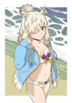  1girl absurdres acesrulez alpaca_ears alpaca_suri_(kemono_friends) animal_ears arm_at_side bangs beach bikini bikini_under_clothes blonde_hair border breasts cardigan cleavage closed_mouth collarbone day extra_ears eyebrows_visible_through_hair flower flower_bikini grey_eyes hair_bun hair_over_one_eye hand_up highres hood hood_down hooded_cardigan horizontal_pupils kemono_friends long_hair looking_at_viewer medium_hair navel official_alternate_costume open_cardigan open_clothes outdoors sand sleeves_past_wrists smile solo stomach swimsuit unzipped walking water zipper 