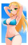  1girl :o armpits arms_up ayatori_(aytr) bikini blonde_hair blue_bikini blue_sky blush border braid breasts cleavage commentary_request cowboy_shot crown_braid day forehead green_eyes halterneck highres large_breasts long_hair looking_at_viewer md5_mismatch navel open_mouth outdoors outside_border pointy_ears princess_zelda resolution_mismatch sidelocks skindentation sky solo stomach string_bikini swimsuit the_legend_of_zelda the_legend_of_zelda:_breath_of_the_wild white_border 