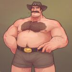 1boy arm_hair bara belt black_belt black_eyes body_fur brown_background brown_hair brown_headwear brown_shorts chest_hair closed_mouth commentary_request cowboy_shot facial_hair fat fat_man hat kuki1210 large_pectorals leg_hair looking_at_viewer male_focus muscular muscular_male mustache nipples pectorals saxton_hale short_hair shorts signature simple_background smile solo team_fortress_2 thighs tooth_hat topless_male 