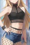  1girl bare_shoulders blonde_hair blush breasts closed_mouth fate/apocrypha fate_(series) fishnet_legwear fishnets hand_on_hip head_out_of_frame high-waist_pantyhose highres long_hair mordred_(fate) mordred_(fate/apocrypha) navel pantyhose short_shorts shorts small_breasts smile solo thighs tonee 