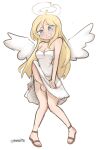  1girl ahoge angel_wings blonde_hair blue_eyes blush breasts broken_halo brown_footwear bulge cleavage commentary crimvael crying crying_with_eyes_open dress english_commentary erection erection_under_clothes full_body futanari halo highres ishuzoku_reviewers knees_together_feet_apart large_penis long_hair medium_breasts penis sandals simple_background solo standing tears testicles twitter_username uncensored vanabette white_background white_dress wings 