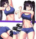  1girl absurdres ass bangs bare_shoulders black_hair blue_buruma blue_sports_bra blush breasts buruma cleavage exercise genshin_impact green_eyes highres large_breasts long_hair looking_at_viewer loooyd mona_(genshin_impact) multiple_views navel open_mouth smile sports_bra sportswear stretch sweat thighs twintails 