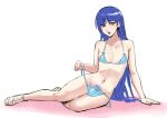  1boy akisora androgynous blue_bra blue_hair blue_panties blush bra bulge commentary_request full_body highres long_hair looking_at_viewer male_focus male_pubic_hair navel open_mouth otoko_no_ko panties protagonist_(smtv) pubic_hair shin_megami_tensei shin_megami_tensei_v simple_background solo toeless_footwear underwear undressing very_long_hair white_background yellow_eyes 