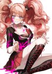  1girl absurdres bangs bear_hair_ornament black_bra black_choker black_shirt blonde_hair blood blood_on_clothes blood_on_face blue_eyes boots bow bra breasts choker cleavage collarbone danganronpa:_trigger_happy_havoc danganronpa_(series) didtldms0312 enoshima_junko hair_ornament high_heel_boots high_heels highres knee_boots knee_up large_breasts long_hair looking_at_viewer nail_polish necktie pink_blood plaid plaid_skirt red_bow red_bra red_nails red_skirt shiny shiny_hair shirt simple_background skirt sleeves_rolled_up smile solo twintails underwear 