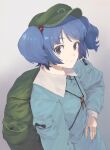  1girl backpack bag blue_eyes blue_hair blush commentary_request contrapposto from_above hair_bobbles hair_ornament hand_on_hip hat highres kawashiro_nitori key looking_at_viewer looking_to_the_side looking_up medium_hair shiratama_(hockey) smile solo texture touhou two_side_up upper_body 