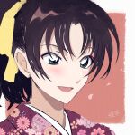  1girl :d bangs brown_hair floral_print green_eyes hair_between_eyes hair_ribbon highres japanese_clothes kimono long_hair meitantei_conan miu_888 open_mouth ponytail portrait print_kimono purple_kimono red_lips ribbon shiny shiny_hair smile solo tooyama_kazuha yellow_ribbon yukata 