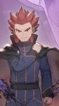  1boy belt black_belt black_cloak clenched_hand cloak closed_mouth commentary_request hand_up highres jacket lance_(pokemon) long_sleeves looking_at_viewer male_focus odd_(hin_yari) pants pokemon pokemon_(game) pokemon_hgss red_eyes red_hair smile solo_focus spiked_hair 