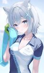  1girl animal_ear_fluff animal_ears blue_archive blue_eyes blue_shirt blush breasts cat_ears drying extra_ears eyebrows_visible_through_hair gloves green_gloves grey_background grey_hair hair_ornament highres holding holding_towel looking_at_viewer mizu_(lzzrwi603) shiroko_(blue_archive) shirt short_hair simple_background small_breasts solo sweat towel two-tone_shirt upper_body white_shirt x_hair_ornament 