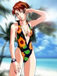  1990s_(style) 1girl arm_up beach casual_one-piece_swimsuit center_opening cowboy_shot day feet_out_of_frame floral_print hairband halterneck highres jewelry lens_flare light_smile looking_at_viewer nail_polish necklace official_art one-piece_swimsuit outdoors photo_background photoshop_(medium) pink_nails red_eyes red_hair retro_artstyle short_hair solo swimsuit takiguchi_shouko watch wristwatch yamada_masaki zenkoku_seifuku_bishoujo_grand_prix 