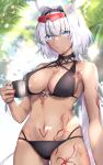  1girl absurdres animal_ears ass_visible_through_thighs bangs bare_shoulders bikini black_bikini black_hairband blue_eyes body_markings bracelet breasts caenis_(fate) caenis_(swimsuit_rider)_(fate) cleavage collarbone cup dark-skinned_female dark_skin eyebrows_visible_through_hair eyewear_on_head fate/grand_order fate_(series) hairband hane_yuki highres jewelry large_breasts long_hair looking_at_viewer navel palm_tree solo sunglasses swimsuit thighs tree very_long_hair white_hair 