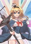  1girl blonde_hair blue_eyes blue_overskirt breasts cowboy_shot crown dress earrings flower garter_straps hair_between_eyes highres holding holding_staff jewelry kantai_collection long_hair long_sleeves medium_breasts mini_crown necklace red_flower red_rose rose scepter smile staff standing tsun'ichi_(tsun1) union_jack valiant_(kancolle) white_dress 