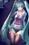  1girl bangs black_legwear black_shorts blue_background blue_eyes blue_hair collarbone commentary eyebrows_visible_through_hair hair_between_eyes hatsune_miku headphones highres hood hood_down hooded_sweater long_hair looking_at_viewer micro_shorts microphone_stand midriff parted_lips pink_shirt saikuu see-through shiny shiny_clothes shiny_hair shiny_legwear shirt shorts sleeveless sleeveless_shirt solo stomach sweater thigh_gap thighhighs twintails very_long_hair vocaloid white_sweater 