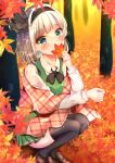  1girl aqua_eyes autumn_leaves bangs black_bow black_bowtie black_hairband black_legwear blurry blurry_foreground bow bowtie brown_footwear collared_shirt eyebrows_visible_through_hair forest full_body green_vest grey_hair hairband holding holding_leaf konpaku_youmu leaf long_sleeves looking_at_viewer maple_leaf nature outdoors shirotsuki_shirone shirt short_hair sitting solo thighhighs touhou tree vest white_shirt 