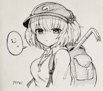  1girl backpack bag bangs closed_mouth commentary cropped_torso crowbar eyebrows_visible_through_hair flat_cap greyscale hair_bobbles hair_ornament hat highres kawashiro_nitori key long_sleeves looking_at_viewer monochrome pocket short_hair signature simple_background solo speech_bubble touhou translated two_side_up upper_body yonoisan 