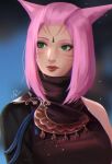  1girl animal_ears asymmetrical_clothes avatar_(ffxiv) blurry blurry_background cat_ears chichicl facial_mark final_fantasy final_fantasy_xiv forehead_mark green_eyes high_collar highres lips looking_to_the_side miqo&#039;te pink_hair short_hair solo upper_body 