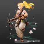  1girl bag bare_shoulders blonde_hair breasts chrono_trigger commentary_request crossbow falling_petals floating_hair flower full_body green_eyes instagram_logo instagram_username jewelry leg_up long_hair marle_(chrono_trigger) moreshan necklace open_mouth pendant petals ponytail sandals shiny shiny_hair shoulder_bag simple_background solo standing standing_on_one_leg tumblr_logo tumblr_username twitter_logo twitter_username weapon youtube_logo youtube_username 