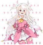  1girl breasts dress earrings fate/kaleid_liner_prisma_illya fate_(series) gloves illyasviel_von_einzbern jewelry magical_girl open_mouth pink_dress prisma_illya red_eyes ribbon sachito small_breasts solo white_hair 