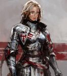  1girl armor bangs blonde_hair blood blood_on_face blue_eyes boobplate chocofing_r closed_mouth commentary facial_mark gauntlets grey_background hair_between_eyes lips looking_away original plate_armor pointy_ears shoulder_armor simple_background solo standing symbol-only_commentary upper_body 
