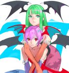  2girls bat_wings black_leotard blue_legwear commentary_request demon_girl elbow_gloves gloves green_eyes green_hair head_wings highres hime_cut hug hug_from_behind leotard lilith_aensland long_hair morrigan_aensland multiple_girls pantyhose print_legwear purple_hair purple_legwear red_eyes red_leotard short_hair tetsu_(kimuchi) vampire_(game) wings 