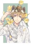  1boy animal_ears aym4800 bangs blue_eyes bracelet brown_hair closed_mouth falling_petals flower flower_wreath hand_up head_wreath highres hyena_boy hyena_ears jewelry male_focus petals ruggie_bucchi scarf shirt simple_background smile solo twisted_wonderland upper_body white_scarf white_shirt yellow_flower 